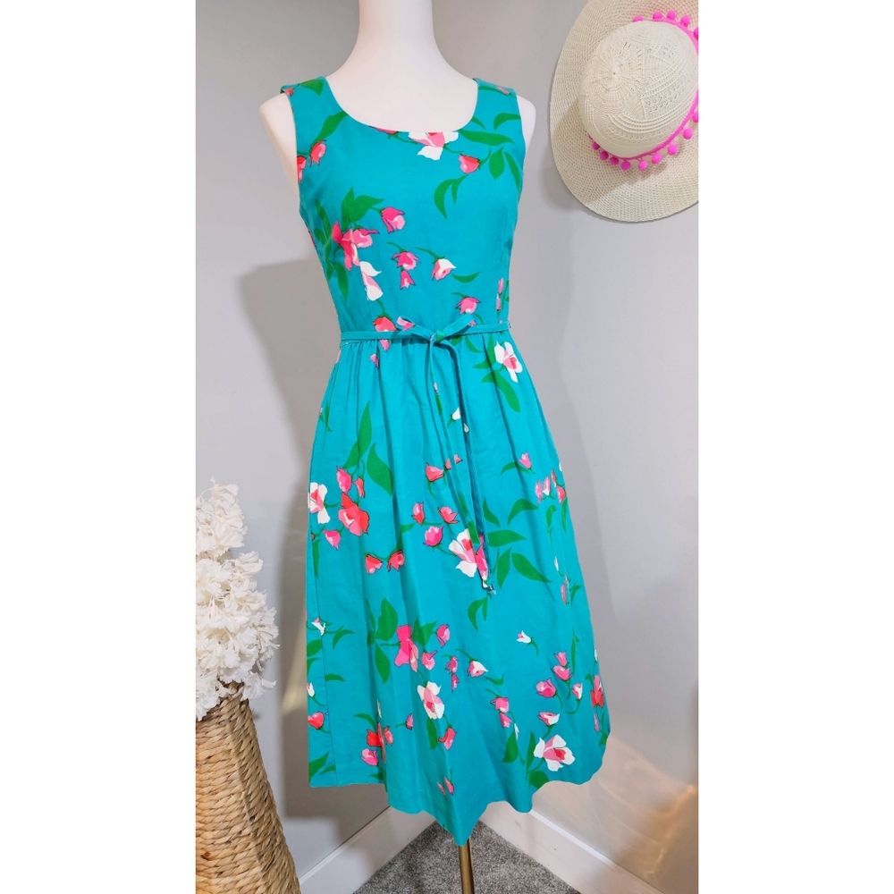Vintage 60s 70s Malia Vibrant Floral Tropical Waist Tie Cotton Summer Dress